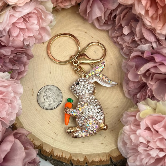 Silver Crystal Bunny Rabbit with Carrot Keychain Charm - Picture 14 of 16